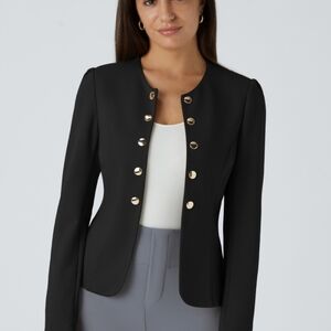 HALARA Round Neck Black Blazer with Gold Buttons